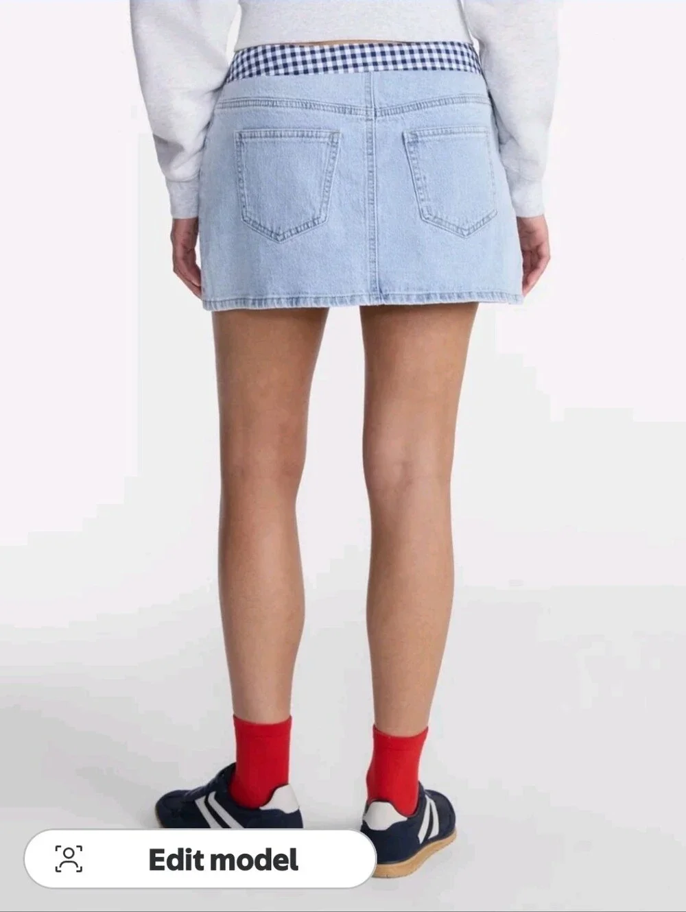 Light Blue Denim Mini Skirt with Gingham Waist Tie